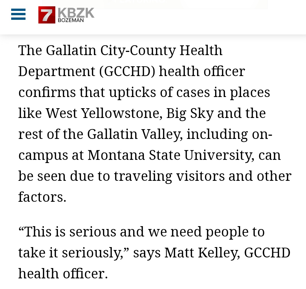 Cases are up 50% from two weeks ago in Gallatin County Montana, where West Yellowstone and Big Sky are. Montana lifted its 14 day quarantine requirement for out-of-state visitors June 1.  https://www.kbzk.com/news/local-news/covid-19-cases-spike-in-gallatin-county-including-msu-big-sky-west-yellowstone