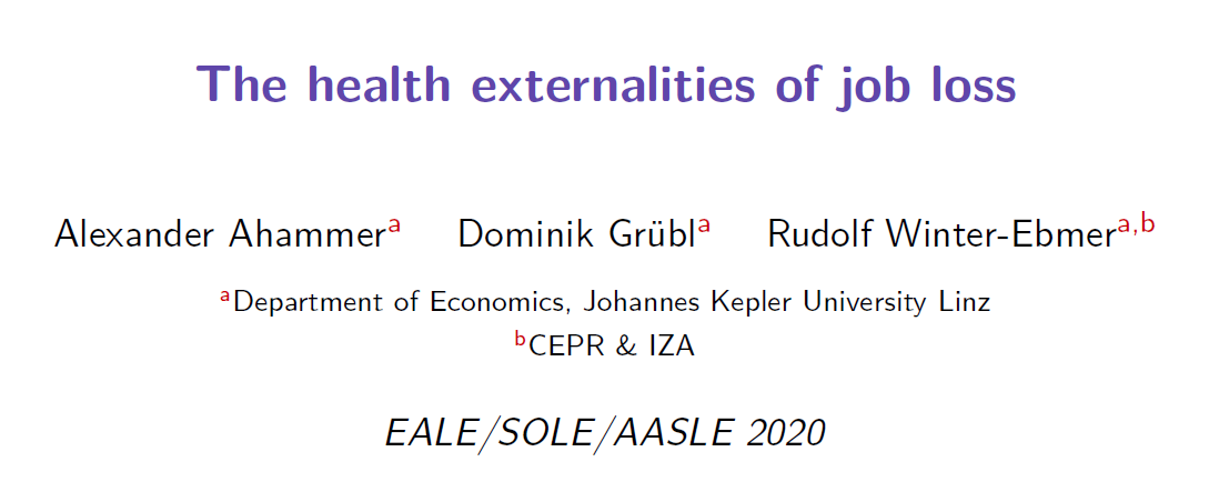 AhammerAlex's tweet photo. Join Michele Belot, @Osea82, @mslater_johnson, @ZoeMcLaren, Joy Tong, Sheryll Namingit, and me for session F03 "Health and Labor Economics" at #LABECON2020. I'm presenting new work on intra-firm health spillovers of job loss. https://t.co/xQKsyNnKTb