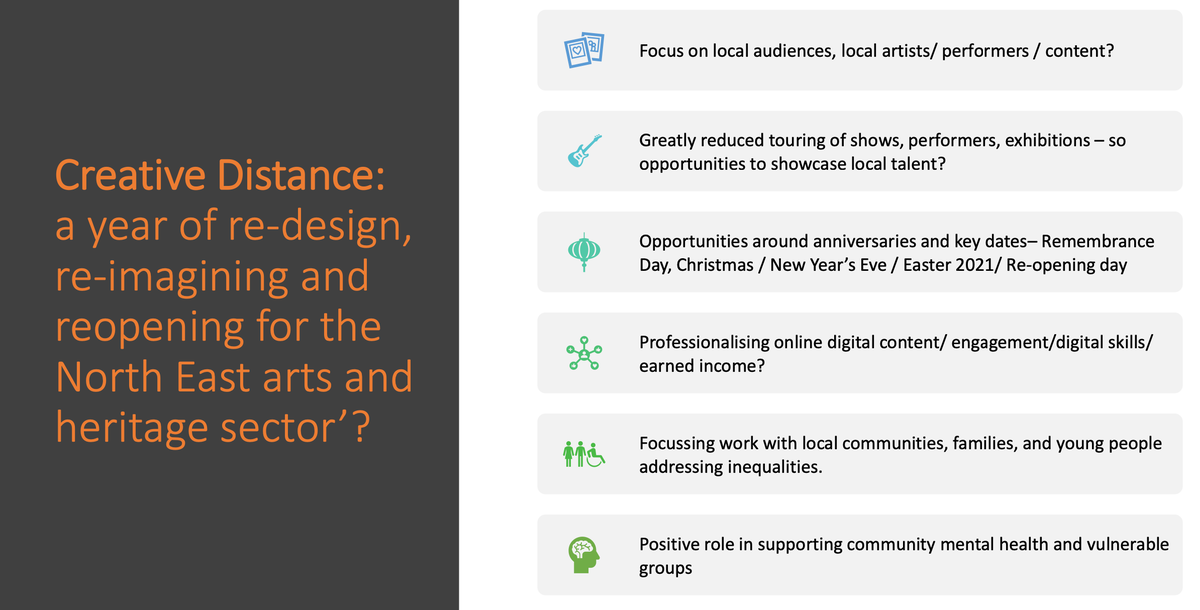 NECulture's tweet photo. #CreativeDistancing: a year of re-designing, re-imagining and reopening for the North East arts and heritage sector. Our #NERecovery and Resilience plan makes some suggestions, could any of these be adapted for your organisation? https://t.co/NaiAqKNyxm
