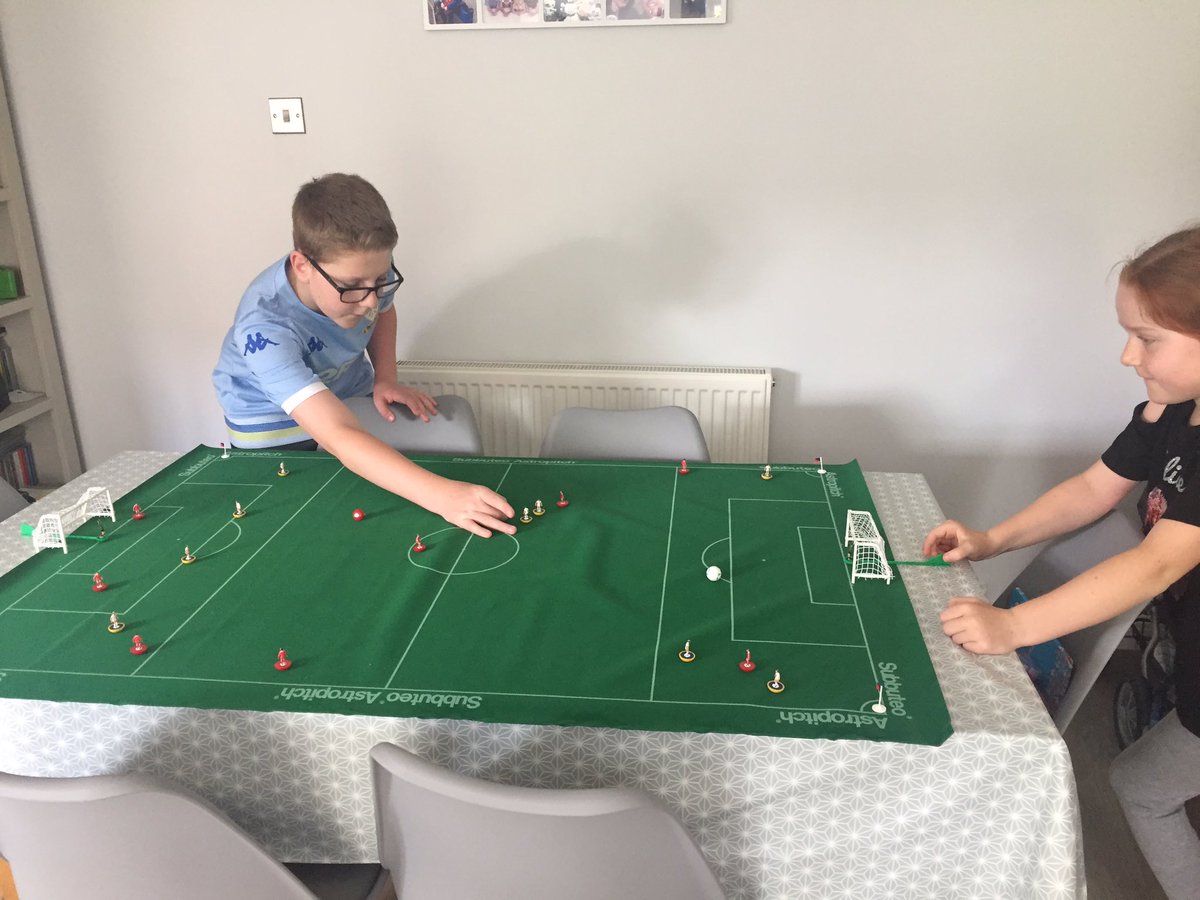 alyson_beckett's tweet photo. So it may have taken 13 wks &amp; we have had to go old school @SubbuteoOficial but we have finally found a game they play together 🙌⚽️. No arguments and sure I even heard laughter 👍😆 https://t.co/NINRvWxlU8