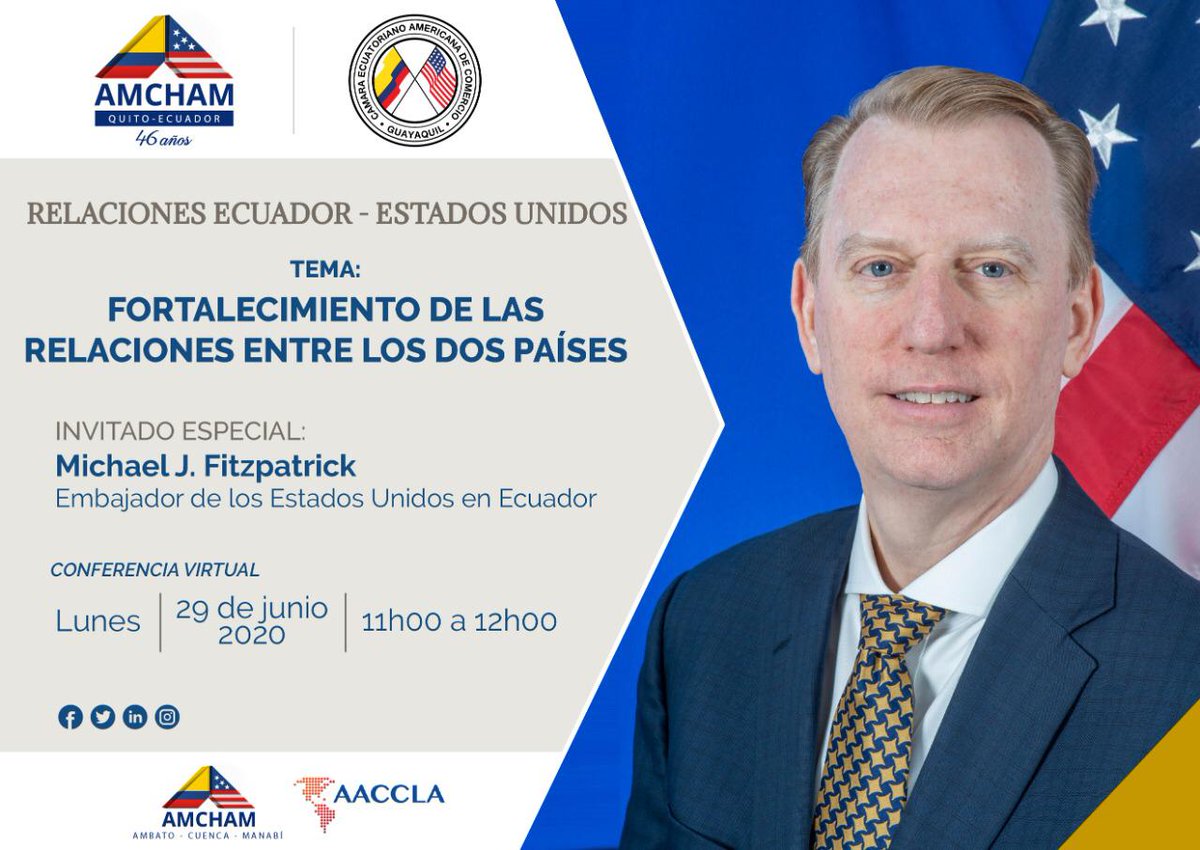 amchamgye's tweet image. Como parte de #AmchamConnect, y con apoyo de @amchamec este lunes inauguramos serie de eventos para analizar la relaciones
🇪🇨 - 🇺🇸
Nuestros socios podrán conversar con un invitado especial: Michael J. Fitzpatrick, Embajador de Estados Unidos en Ecuador ⬇️