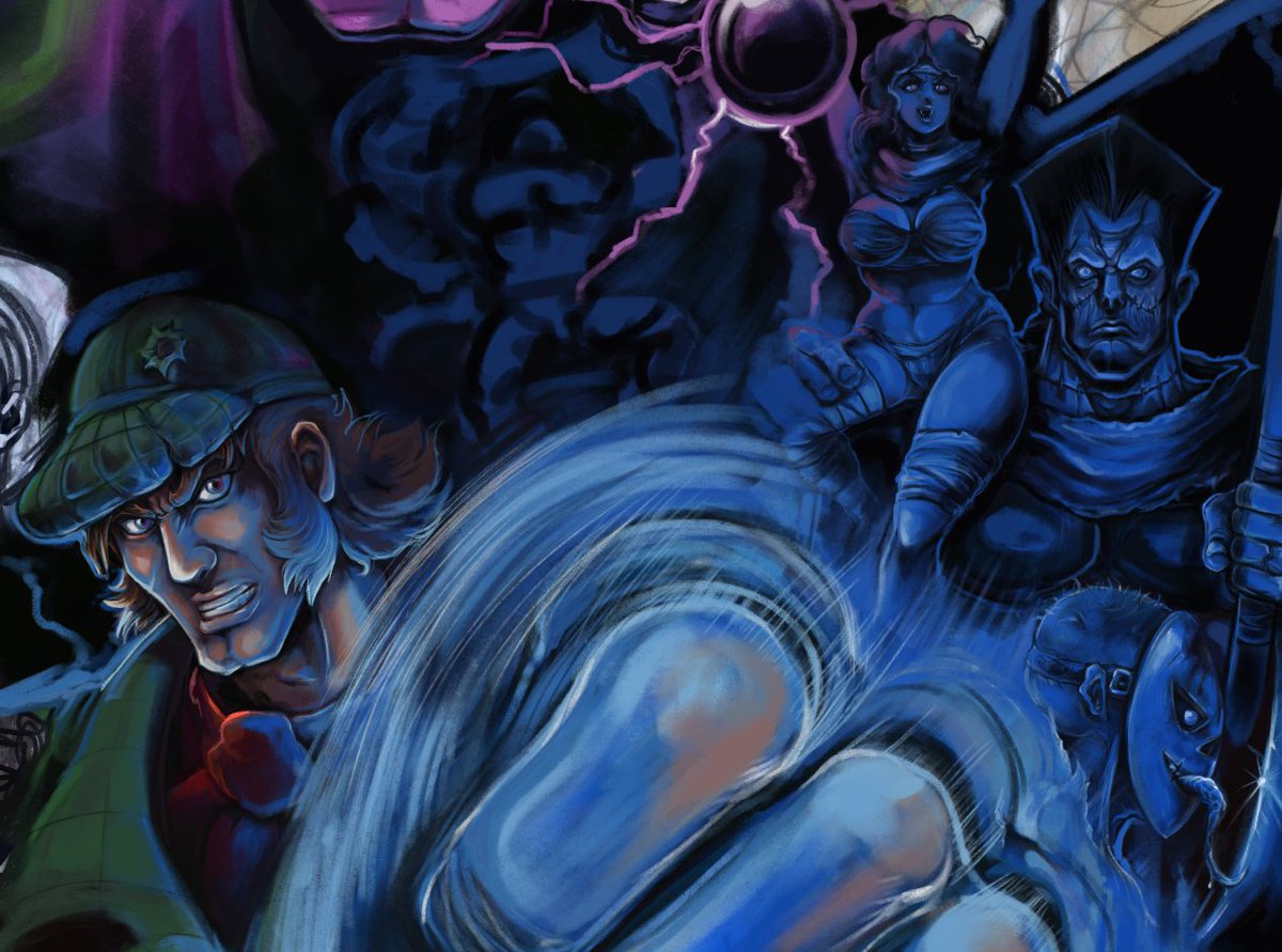 Early snapshot of a Sherlock Hyde, painted cover/poster that I'm working on.
I'm aiming this to look like exaggerated, 80s/early 90s game and VHS art. 
WIP, Still a LOT of painting to do.
#screenshotsaturday #gameart #indiedev #indiegame #gamedev
