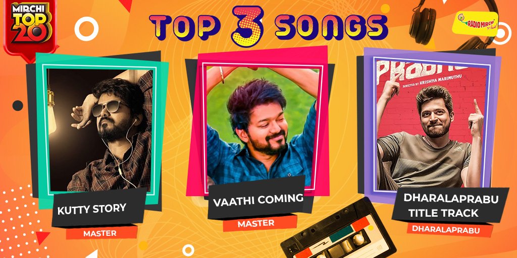 Top 3 songs of #MirchiTop20 for this week ends with Thalapathy Vijay's #Kuttystory & #Vaathicoming and @iamharishkalyan 's #dharalaprabhu 😊💙🔥 #Master #DharalaprabuTitleTrack @SonyMusicSouth #ThalapathyVijay