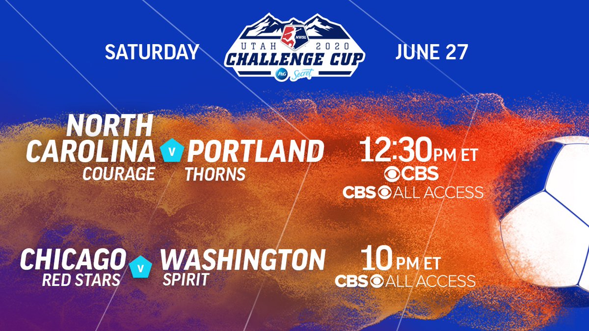CBSSports's tweet image. It’s match day! The 2020 @NWSL Challenge Cup kicks off today with two thrillers on CBS and CBS All Access.

@TheNCCourage vs. @ThornsFC 
@chiredstarsPR vs. @WashSpirit