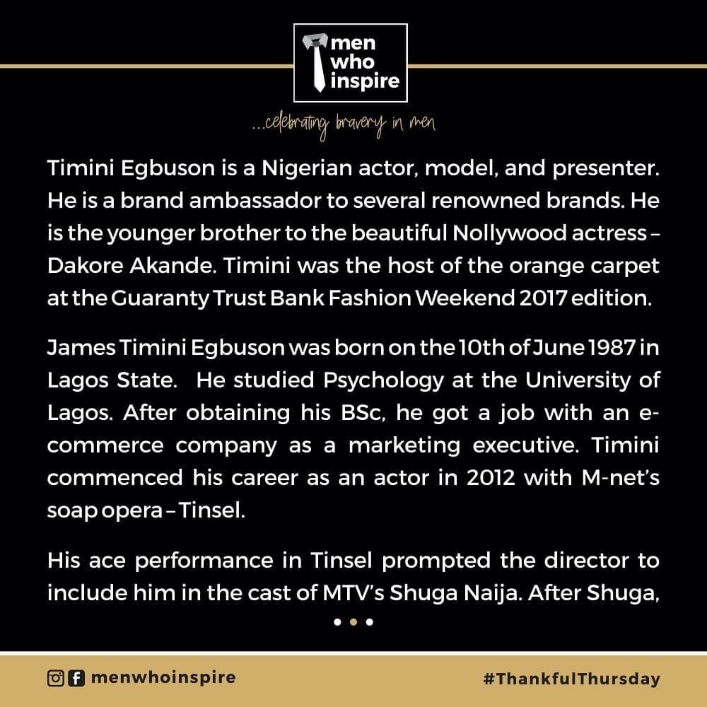 menwhoinspire's tweet photo. On May 14th we featured Talented Actor @_Timini as our #ThankfulThursday Man.

We also celebrate him for being a master of his craft, and we are thankful for how he has blessed us with his gift. 

#Menwhoinspire #Timini #ElevatorBaby #menwhorock https://t.co/ihCP3yvoOm
