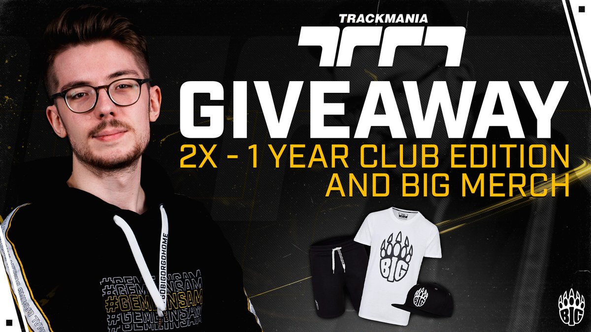 To celebrate the release of the new Trackmania I give away two packages of 1 year club access and some big merch!

All you have to do 👇

🔄 Retweet &amp; Like
✅ Follow me and <a href="/BIGCLANgg/">BIG</a>
🤗 Tag two friends!

Deadline: 01.07.2020 - 18 CEST