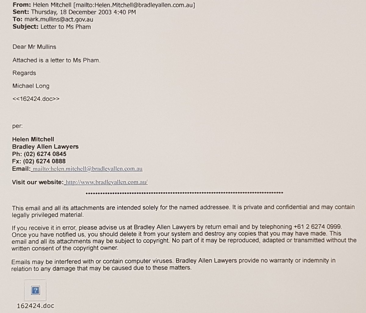 83. During the trial, Pham swore she'd received no written complaints from Mullins regarding racism. Pham’s testimony was untruthful. This letter references a complaint dated 9 December 2003 & supports other references already in this thread.