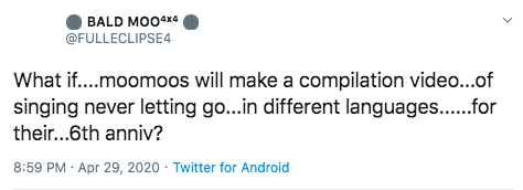 FULLECLIPSE4's tweet photo. NEVER LETTING GO PROJECT APPRECIATION THREAD:

April 29, it all started with wishful thinking... with this tweet. 

#NeverLettingGo_Project @RBW_MAMAMOO  
1/10 https://t.co/sLVaJ13Fen