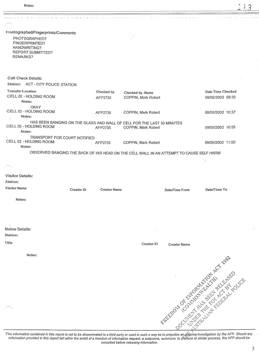 87. The prosecution argued Mullins could not have spoken to AFP Officer Mark Coppin on 9 May 2002 regarding Marina’s letter as Coppin was not on duty. The Civic Police Station cell log from that day demonstrates otherwise.