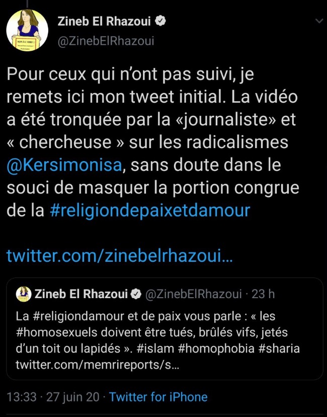 Quant aux attaques ad personam et aux calomnies contre moi auxquelles se livrent ZeR et ses amis, quand je m’indigne de ses méthodes et de ce qu’elles provoquent (la haine des musulmans en général), elles montrent deux choses : leur médiocrité et leur incompétence. [FIN]