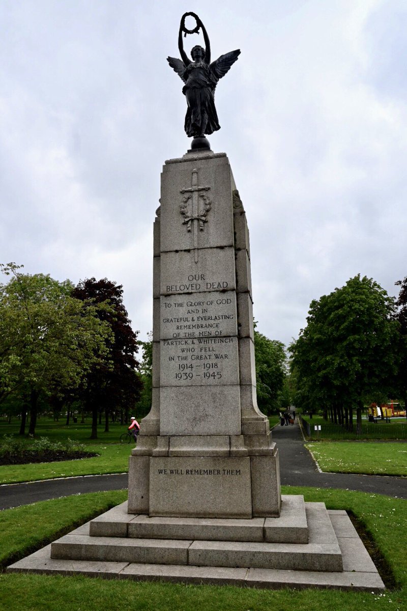 Partick and Whiteinch War Memorial in Victoria Park is surmounted by a winged figure of Victory - a bronze female figure with outspread wings standing on a globe and holding out a wreath with both hands.  #WomenMakeHistory  @womenslibrary