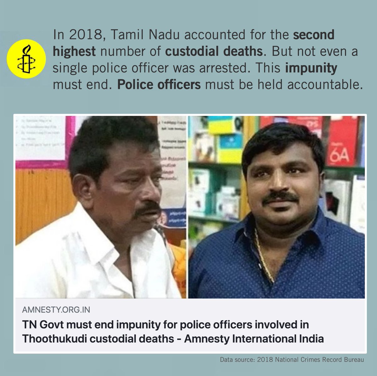 AIIndia's tweet photo. The impunity must end.
Police officers must be held accountable.
#JusticeForJayarajandBennicks https://t.co/RM1e4OInKo