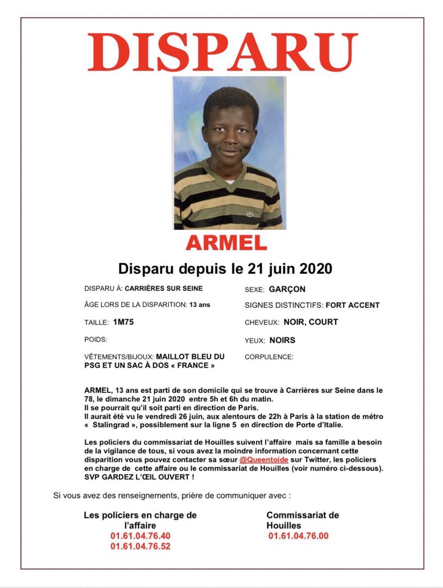 TatianaDeVoe's tweet photo. Ça pourrait être notre frère, tweetons sur le hashtag #OuEstArmel jusqu’à ce qu’il retourne à la maison sain en sauf.
Soyez attentifs si vous prenez le métro à Paris. Si vous le voyez, prévenez @Queentoide et parlez avec lui pour le distraire jusqu’à ce qu’elle arrive 🙏🏾 https://t.co/kcxEyr8qgE