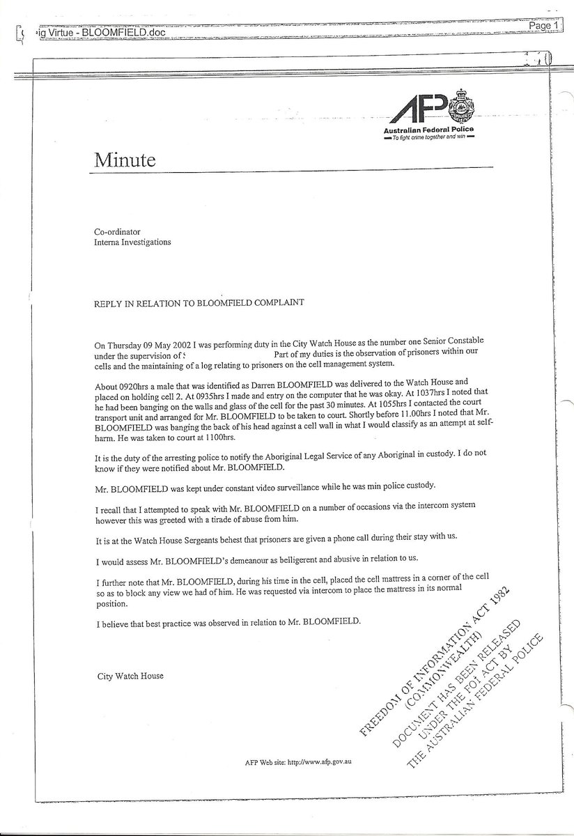 88. In addition records accessed regarding Darren Bloomfield who was in the cells that day provide further evidence that AFP Officer Coppin was on duty the day that Mullins attempted to lodge a complaint about Marina’s racism.