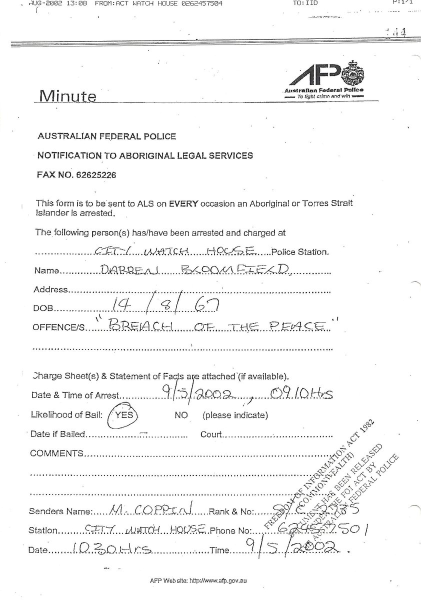 88. In addition records accessed regarding Darren Bloomfield who was in the cells that day provide further evidence that AFP Officer Coppin was on duty the day that Mullins attempted to lodge a complaint about Marina’s racism.