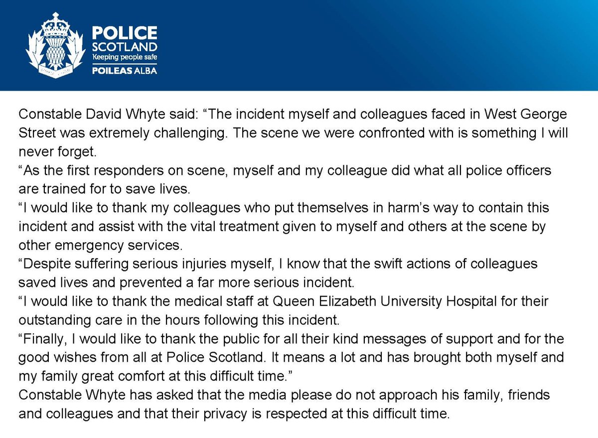 Statement from Police Constable David Whyte, who was injured in the incident at the Park Inn Hotel, West George Street, #Glasgow, on Friday, 26 June, 2020 ⬇️