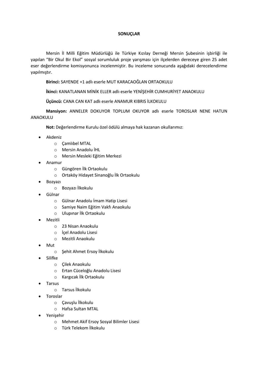 Kızılay ile Mersin İl Milli Eğitim Müdürlüğü işbirliğinde "Bir Okul Bir Ekol" yarışmasında dereceye giren okullarımızı tebrik ediyoruz. 

<a href="/ziyaselcuk/">Ziya Selçuk</a> <a href="/adnanboyaci/">Adnan BOYACI</a> <a href="/aliihsansu_/">Ali İhsan Su</a> <a href="/AdemKoca46/">Adem Koca</a> <a href="/Kizilay/">Türk Kızılay</a> <a href="/mersinkizilay/">Türk Kızılay Mersin</a>
