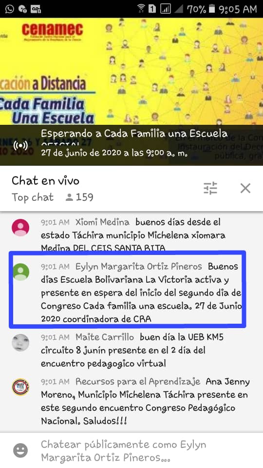 Excelente Día 🙋 EB La Victoria Activos en el 2do día del II Congreso Pedagógico Nacional Virtual 2020 🙋👩‍💻 Celebrando Aniversario de los CLIFP 🥳 #CadaFamiliaUnaEscuela <a href="/clifpdjunin2018/">@clifpdjunin2018</a> <a href="/2018Cra/">CDCE Junín Táchira</a> @ZonaEducTachira <a href="/charlychaves/">Charly Rojas Chaves</a> @psuvaristobulo <a href="/NicolasMaduro/">Nicolás Maduro</a>