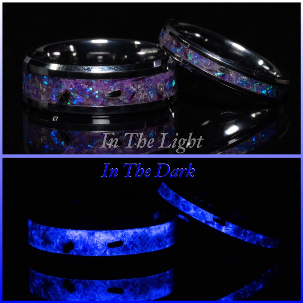 ProudDesigns_'s tweet photo. Purple opal, amethyst, glow powder and real meteorite matching wedding bands. #rings #weddingbands #jewelry https://t.co/kVsgnyCaoo