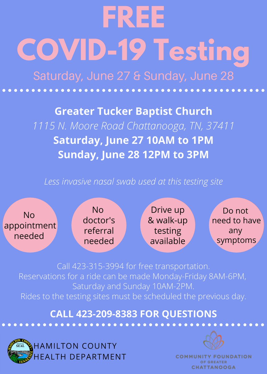 HamiltonHealth's tweet photo. The Health Department is offering Free COVID-19 testing at Greater Tucker Baptist Church this weekend, thanks to our friends at @WEAREGREATER. Details (423) 209-8383. https://t.co/27uXc0BcEY