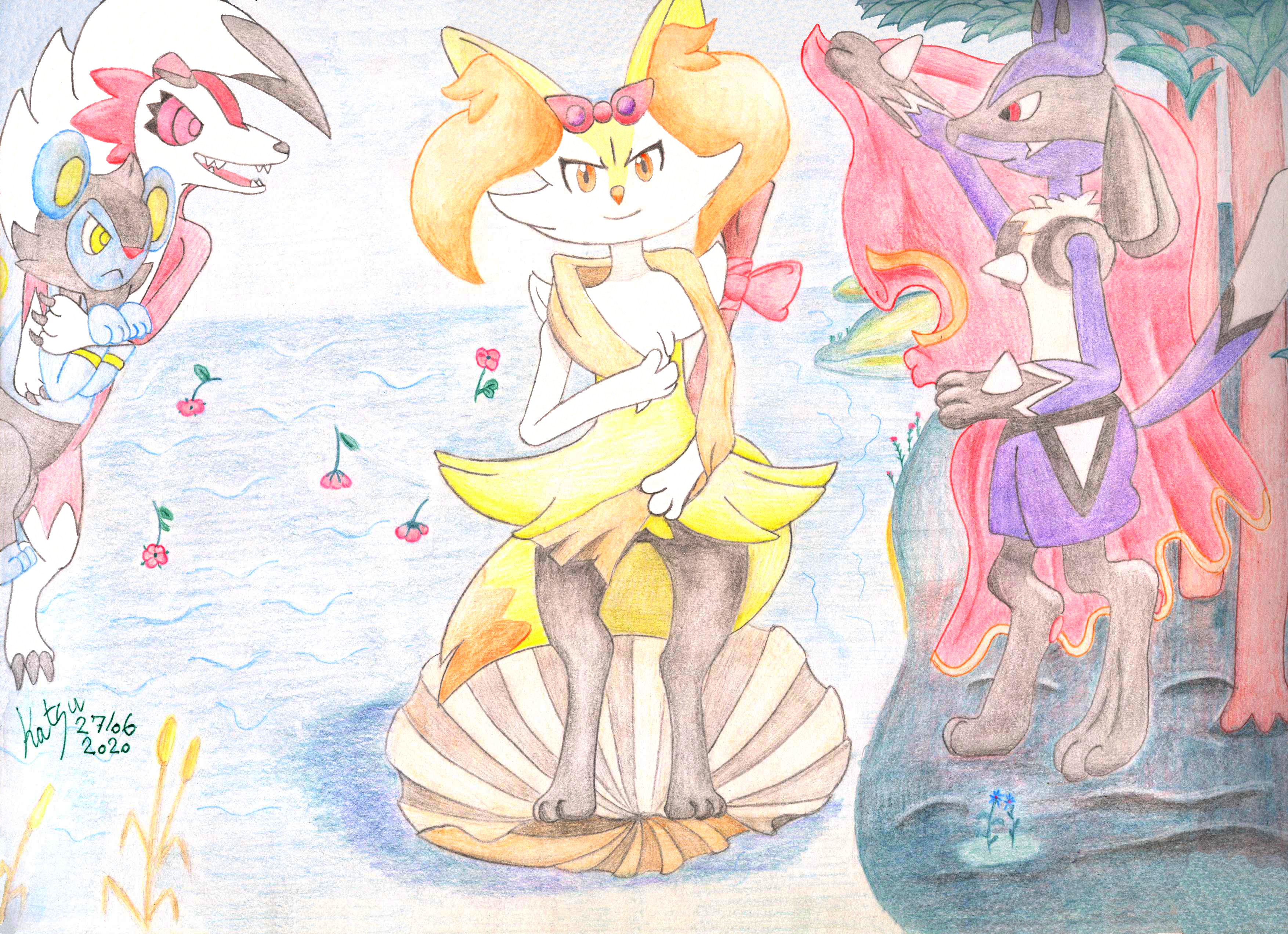Katsurokurosaki Comms Closed Teamostia The Birth Of Venus Pokemon Edition Happy Birthday Drawings 3 Years Of Illustrations So Far 金星の誕生 ポケモン編 今から3年間イラストを描く Lucario Braixen Lycanroc Luxio テールナー