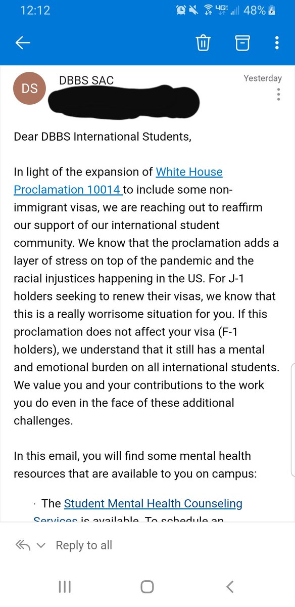 I've received a first email from my institution regarding the #visaban. Not from @WUSTL, <a href="/WUSTLmed/">Test Account</a>, or @WUSTLdbbs but from a student organization. <a href="/DBBSSAC/">DBBS SAC</a> thank you for reaching out! This ban adds another layer of stress but WUSTL leadership doesn't seem to acknowledge that....