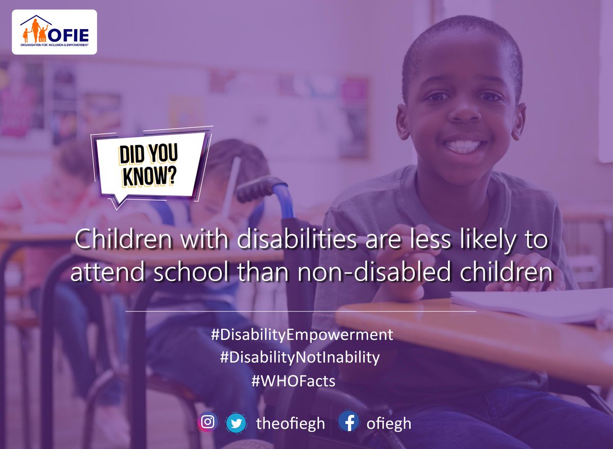 maud_fugar's tweet photo. Did you know?
Children with disabilities are less likely to attend school than non-disabled children.
#DisabilityEmpowerment
#DisabilityNotInability
#WHOFacts
#OFIE
Follow us on Twitter and Instagram @theofiegh and on Facebook @ofiegh
Kindly share📌 https://t.co/TxC88tpcT4