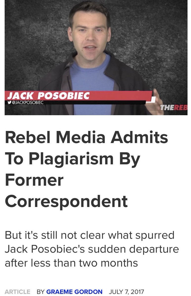 Jack was also fired from Rebel Media after he was caught plagiarizing Jason Kessler, the Neo-Nazi who organized the “Unite The Right” rally in Charlottesville. https://www.canadalandshow.com/rebel-media-admits-posobiec-plagiarism/