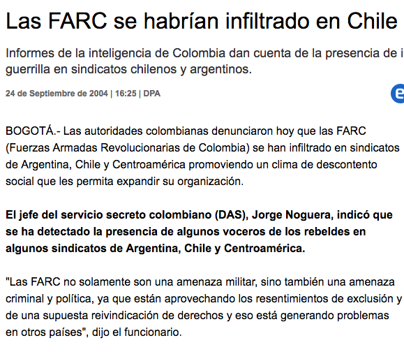 CocolisoDelSur's tweet photo. Las autoridades colombianas denunciaron el 2004 que las FARC se han infiltrado en sindicatos de Argentina, Chile y Centroamérica promoviendo un clima de descontento social que les permita expandir su organización. #Araucania @aprachile @glorianaveillan https://t.co/hg6gJHS7Iy https://t.co/5bLU2Zx8v5