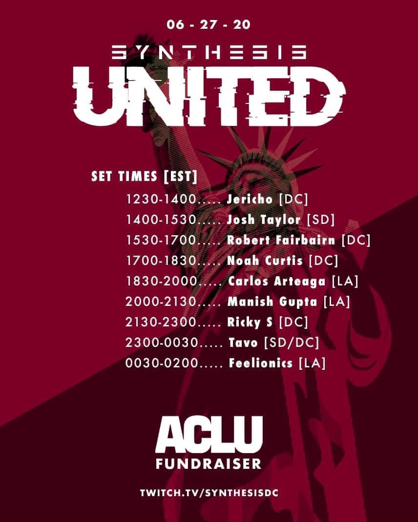 In just 90 minutes , we kick off #SynthesisUnited. Join a packed house of nationwide talent as we team up to blast out top tunes and raise money for the ACLU.
I'll be taking the decks at 3:30 EDT this afternoon, and hope to see you there!

Full details: facebook.com/events/6674640…