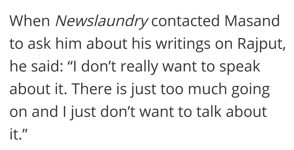 A reporting on blind items is done. Rajeev Masand is contacted but AGAIN he refuses to say a word & skirts the topic of why he used the word "skirt chaser" for  #SushantSinghRajput by saying "I don't really want to speak about it"  https://www.newslaundry.com/2020/06/27/nasty-irresponsible-shameless-why-do-blind-items-still-hold-currency-in-bollywood