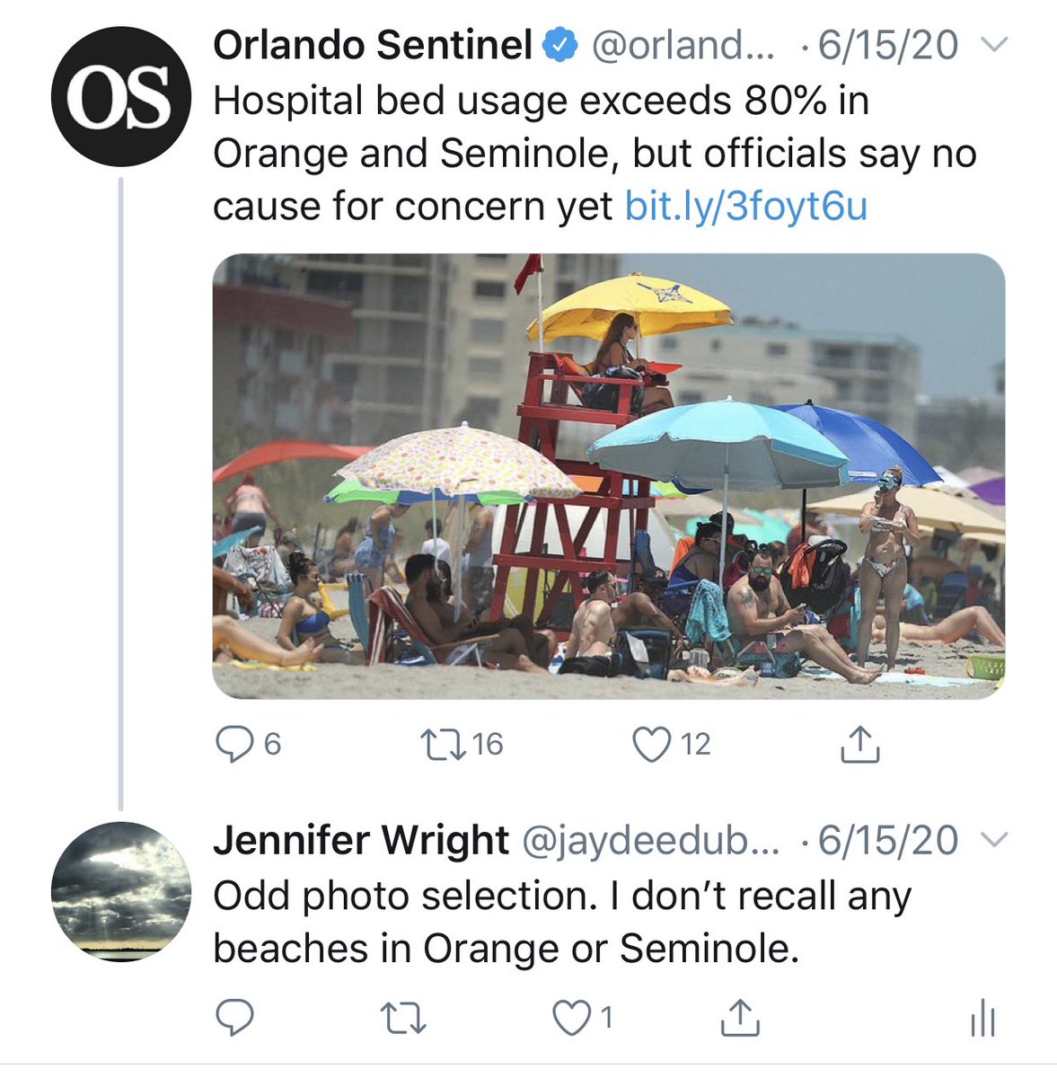 What more is there to say? Even places with *no beaches* (both in central Florida) get a beach picture to accompany reporting about increasing cases.  Again: it's a virus, not a religion. It's not going to disproportionately smite people who're having fun. ht  @jaydeedubdesign
