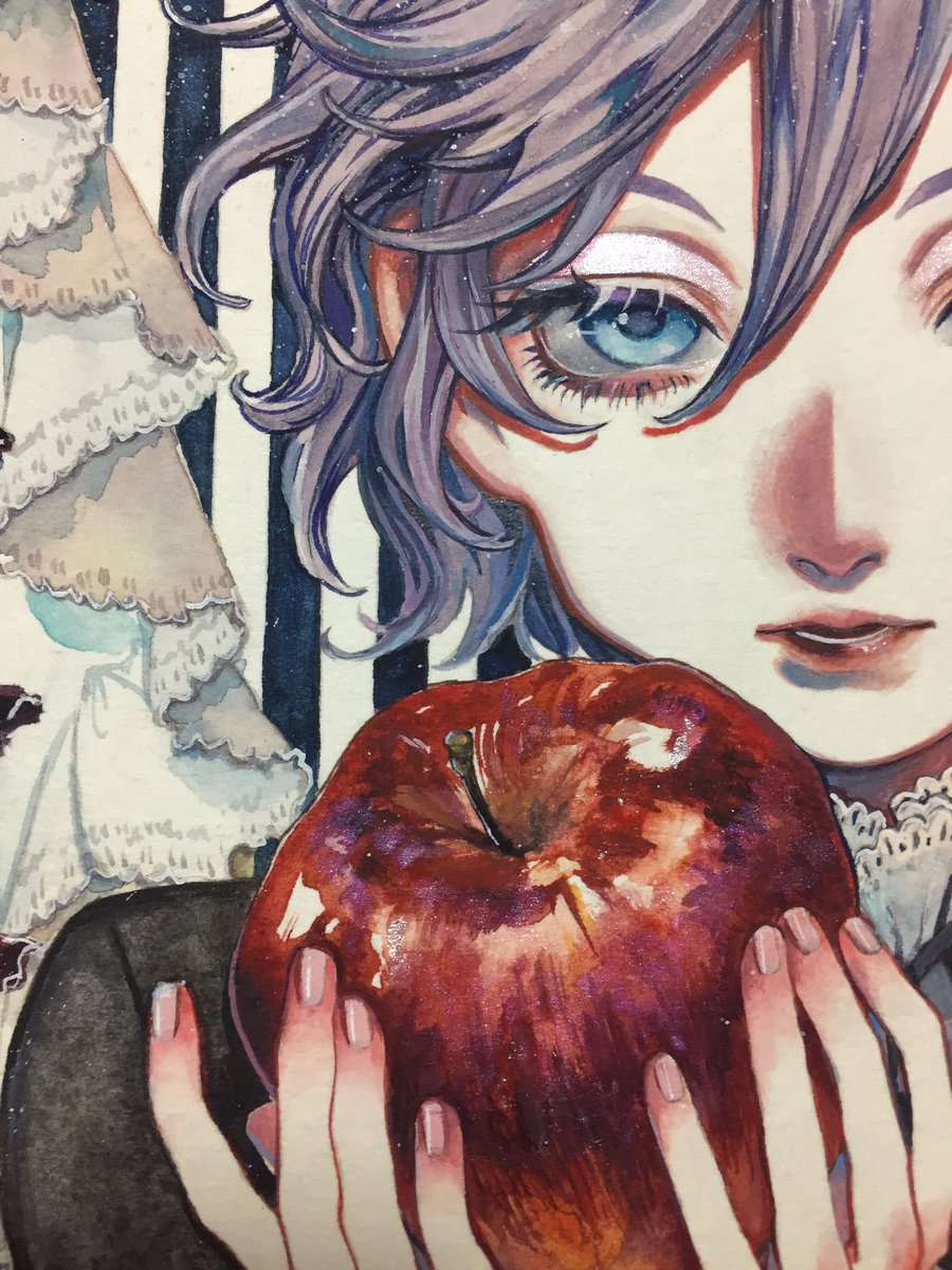 food fruit apple solo blue eyes holding traditional media  illustration images
