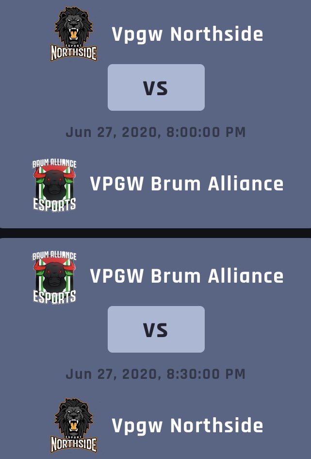 Vpgw Northside is looking forward to 2 games against <a href="/BrumAlliance/">Brum Alliance eSports</a> in <a href="/VPGWeekend/">Virtual Pro Gaming Weekend</a>