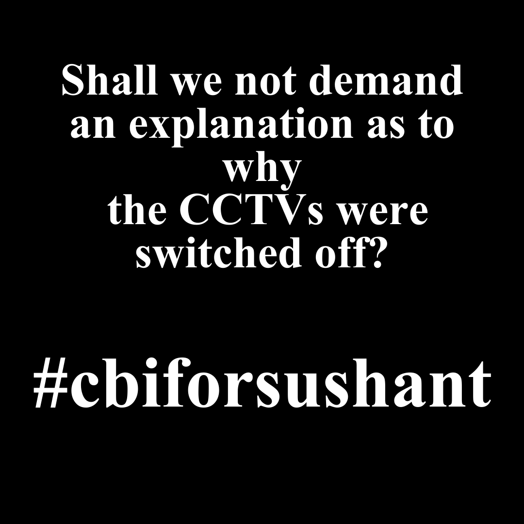 RoopaSpeaks's tweet photo. Shall we not demand an explanation as to why
 the CCTVs were switched off?
#cbiforsushant #RoopaGanguly @AmitShah @narendramodi #JUSTICEFORSUSHANT #CBIForSushantSinghRajput #CBIEnquiryForSSR #CBIInvestigationForSushant #JusticeForSushantSinghRajput https://t.co/HsMW567I9R