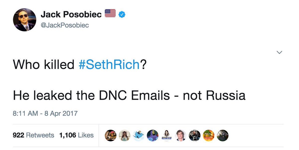 One of the many debunked conspiracy theories that Jack has pushed was the idea that Seth Rich was murdered by the Clintons for leaking DNC emails https://www.phillymag.com/news/2017/09/16/jack-posobiec-trump-fake-news/?amp=1