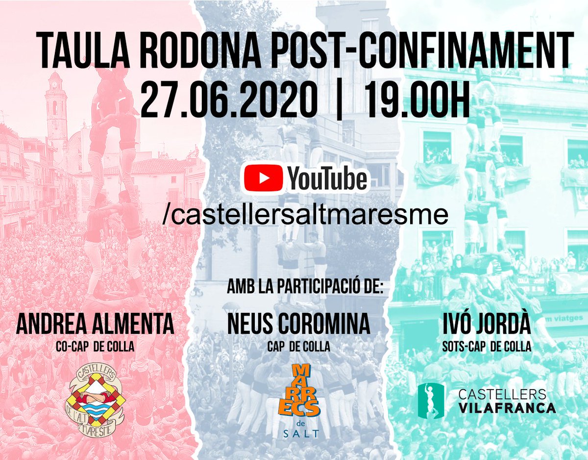 Avui havíem d'actuar a <a href="/Lloret_de_Mar/">Ajuntament de Lloret de Mar</a> al costat de <a href="/Verds/">Castellers de Vilafranca</a> i <a href="/maduixots/">C. C. de l'Alt Maresme i la Selva Marítima</a>. Com que no hi podrem ser, els nostres fillols han organitzat una taula rodona amb Andrea Almenta, <a href="/ivojordaa/">Ivó Jordà</a> i <a href="/neuscoromina/">Neus Coromina Bujons</a>. A les 19h al canal de youtube dels de l'Alt Maresme. #castellers