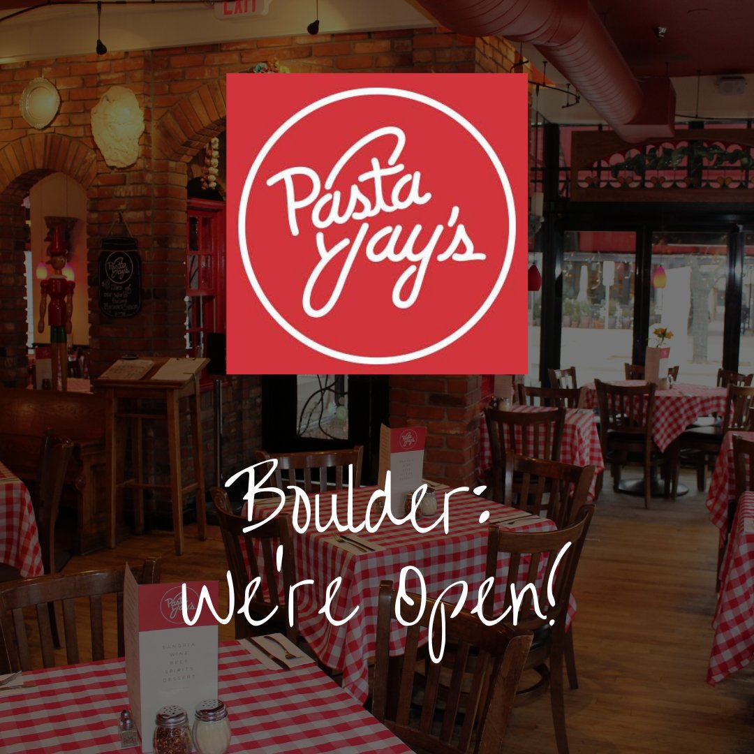 pastajays's tweet photo. We're reopening our #Boulder location TODAY! Ditch the home cooking this weekend and join us for dine-in or takeout. Our hours are from 11am to 10pm Sunday through Thursday, and 11am to 11pm Friday and Saturday. We can't wait to see you soon! #PastaJays https://t.co/3tmCbDIP5O