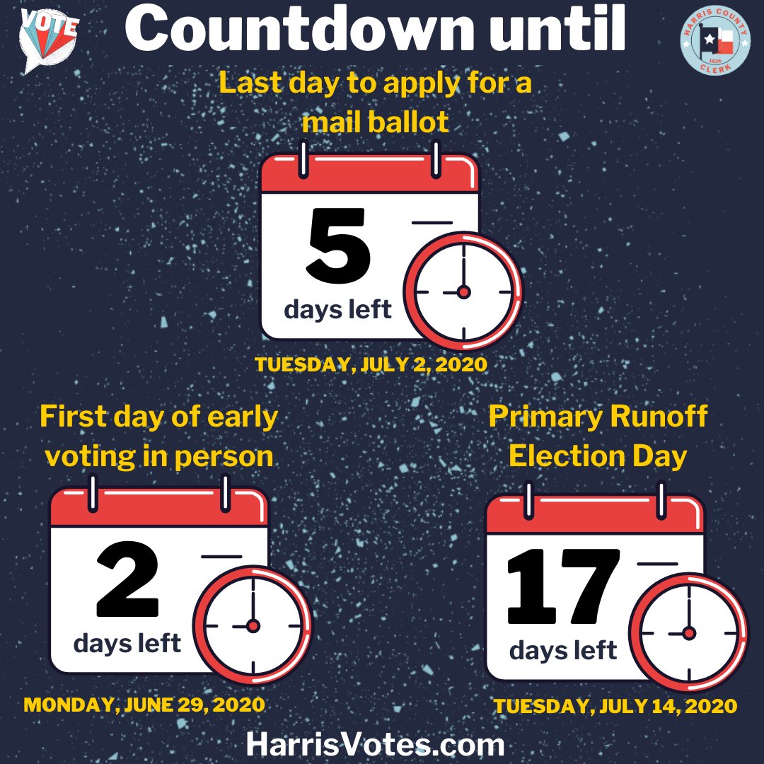 HarrisVotes's tweet photo. 2 π
days until you can head to the polls for #EarlyVoting π³οΈ for the July 2020 #PrimaryRunOffs! #KnowYourDates and get ready to #GetHeard π£ππΌ!
6/29 -First day of in-person Early Voting
7/2 -Last day to apply for a mail ballot
7/14 -Primary Runoff #Election Day
#HarrisVotes https://t.co/Tih87HkthZ