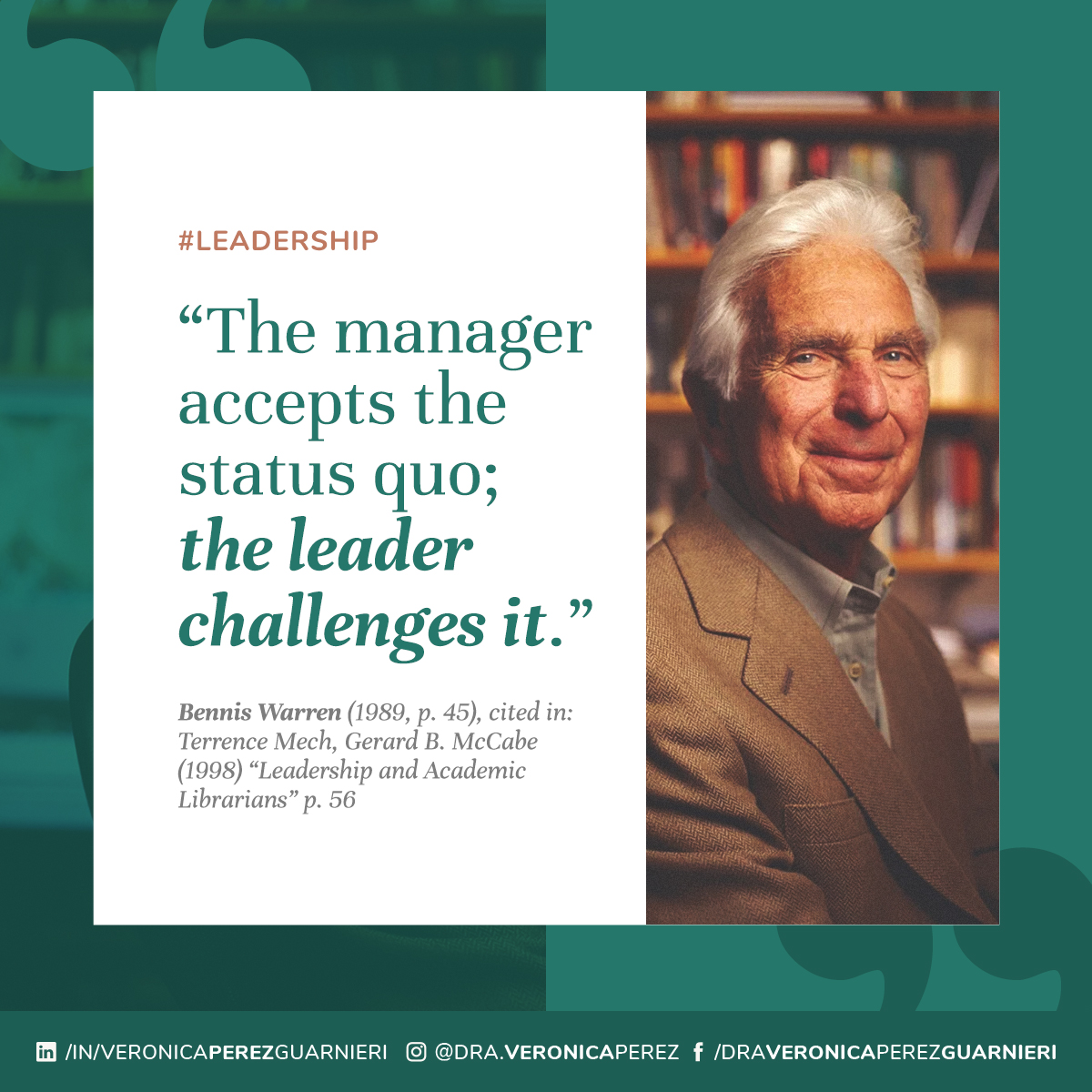 VeroGuarnieri's tweet photo. 👩‍💼 [#Liderazgo] «The manager accepts the status quo; the leader challenges it.» Warren Bennis
--
#1nt #xl8 #languages #1ntevents #xl8events #terps #increasedparticipation #leadership #professionalservices  #IA2020 #VRI #RSI #RemoteInterpreting #DSI #frase #quote #leader https://t.co/UiBklJEDi1