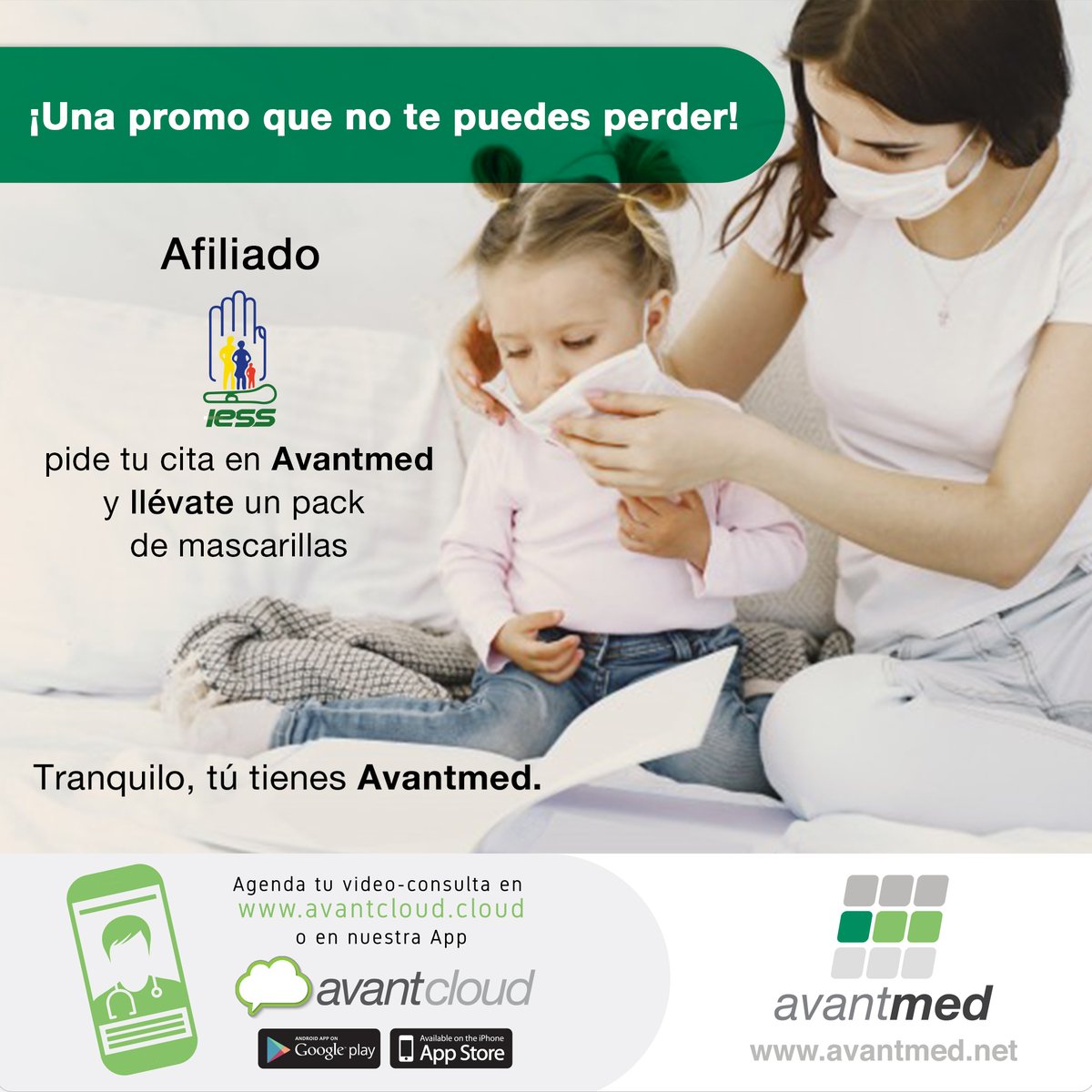 ¡Si agendas tu cita con Avantmed a través del call center del IESS, siempre tienes más! Es muy fácil:
1. Encuentra esta publicación en facebook y etiqueta a 3 amigos
2. Compártela en tu muro
3. Presenta en Avantmed la imagen del posteo compartido y llévate el pack de mascarillas.