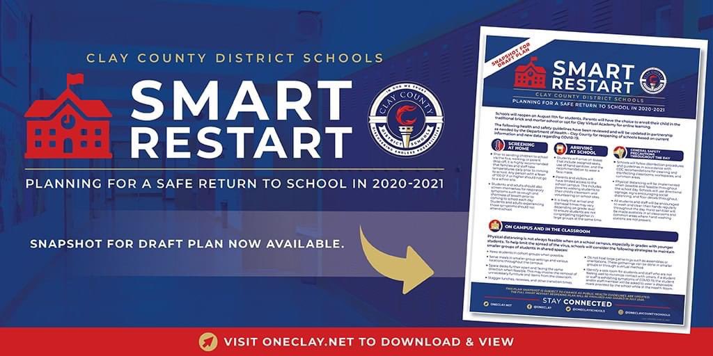 Visit oneclay.net/coronavirus for a snapshot on what you can expect for the opening of next year. The full reopening plan will be released in July. CVA is also an option to meet your family's educational needs. To enroll with CVA, visit oneclay.net/cvaenrollment.