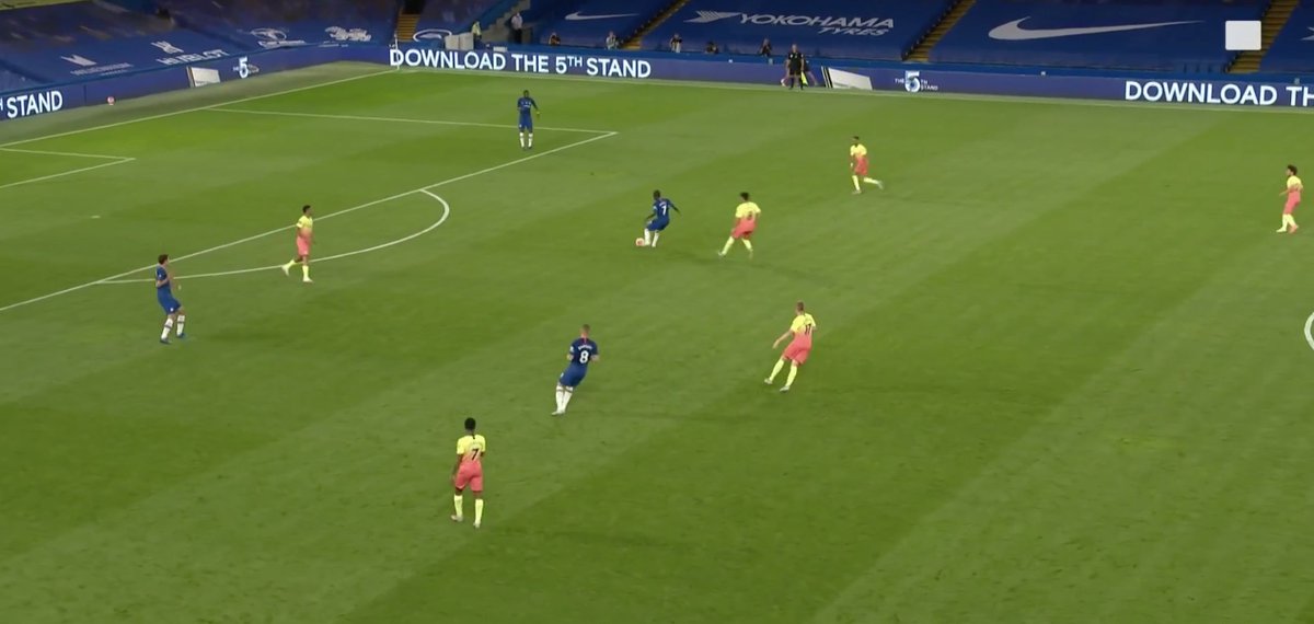 - 2nd half press   -Jesus implements scissor press better than Bernardo - approaches Christensen but still blocks direct pass to Kanté   -Christensen has to play a pass which forces Kanté to turn backwards   -invites City's press further & Chelsea cede possession