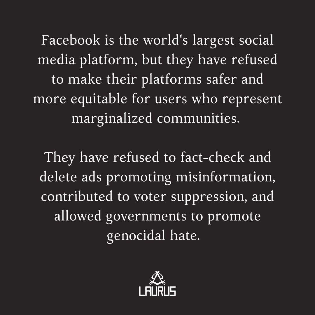 laurusofficial's tweet photo. We are proud to announce that we are joining the #stophateforprofit campaign and pausing our spend on Facebook &amp; Instagram to put pressure on them to take clear and unequivocal actions to stop its platform from amplifying racism and hate. #antiracism https://t.co/iEVLn8cI3D