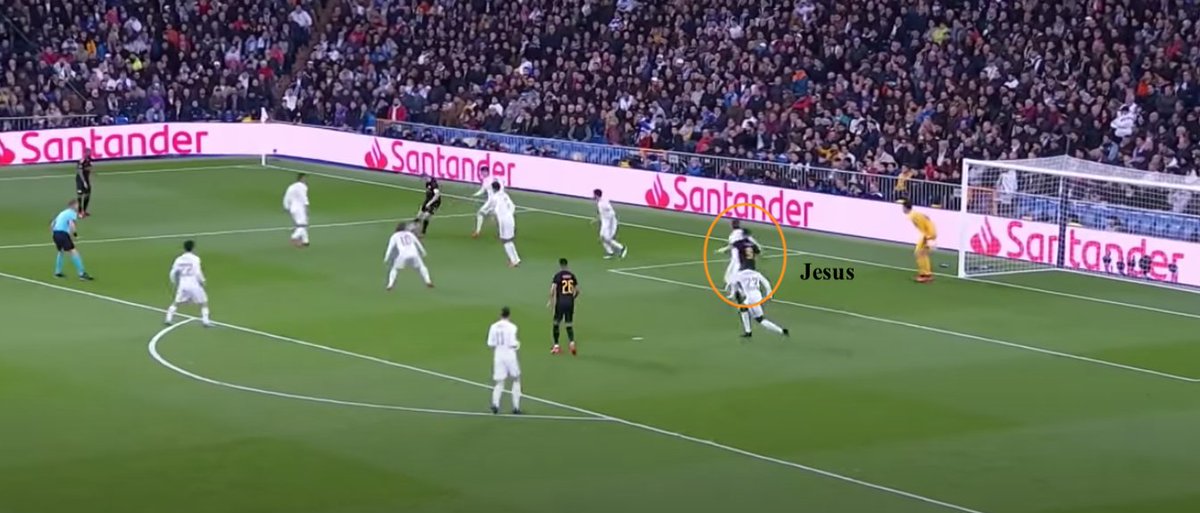 •However,the lack of a natural striker making intelligent runs into the box made this strategy futile- compare Sterling's movement here vs Gabriel Jesus' goal vs Real-Sterling hasn't even started his run when a cross is about to come in whilst Jesus ghosts behind Ramos to score