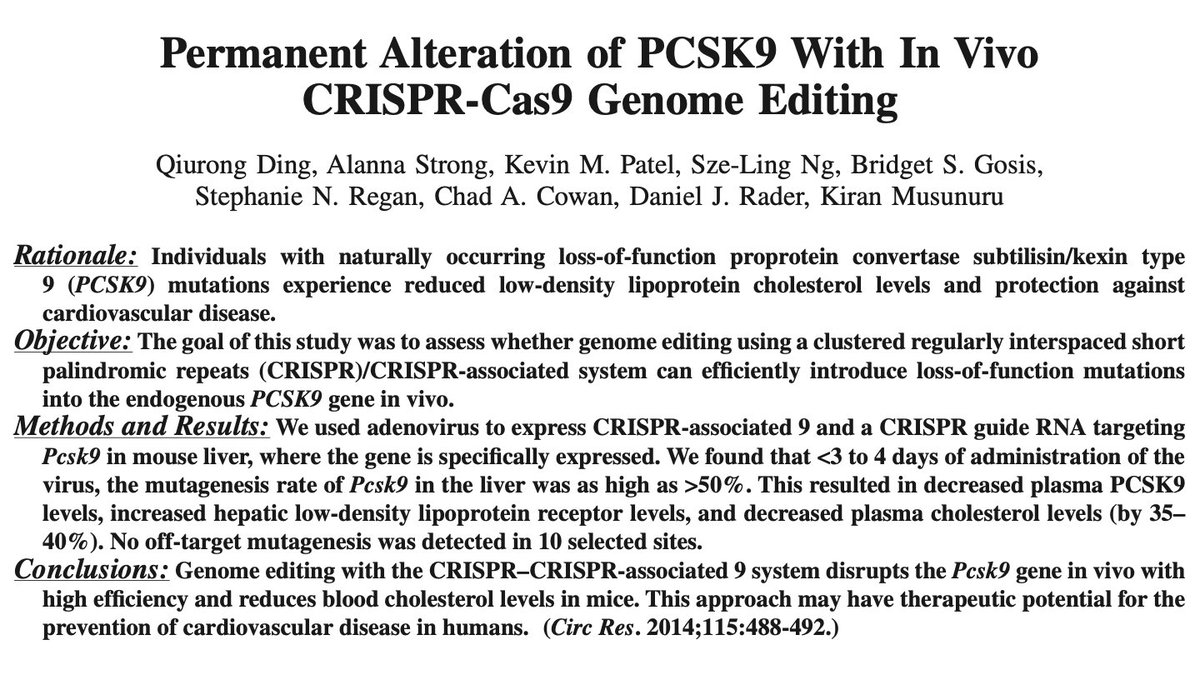 10/Our immediate thoughts: if CRISPR works so well in cells in a dish, would it work in a living animal? Could it be therapy?When Ding delivered CRISPR-Cas9 targeting PCSK9 into adult mouse liver via an adenoviral vector:>50% editing≈90%PCSK9 in blood≈40%cholesterol
