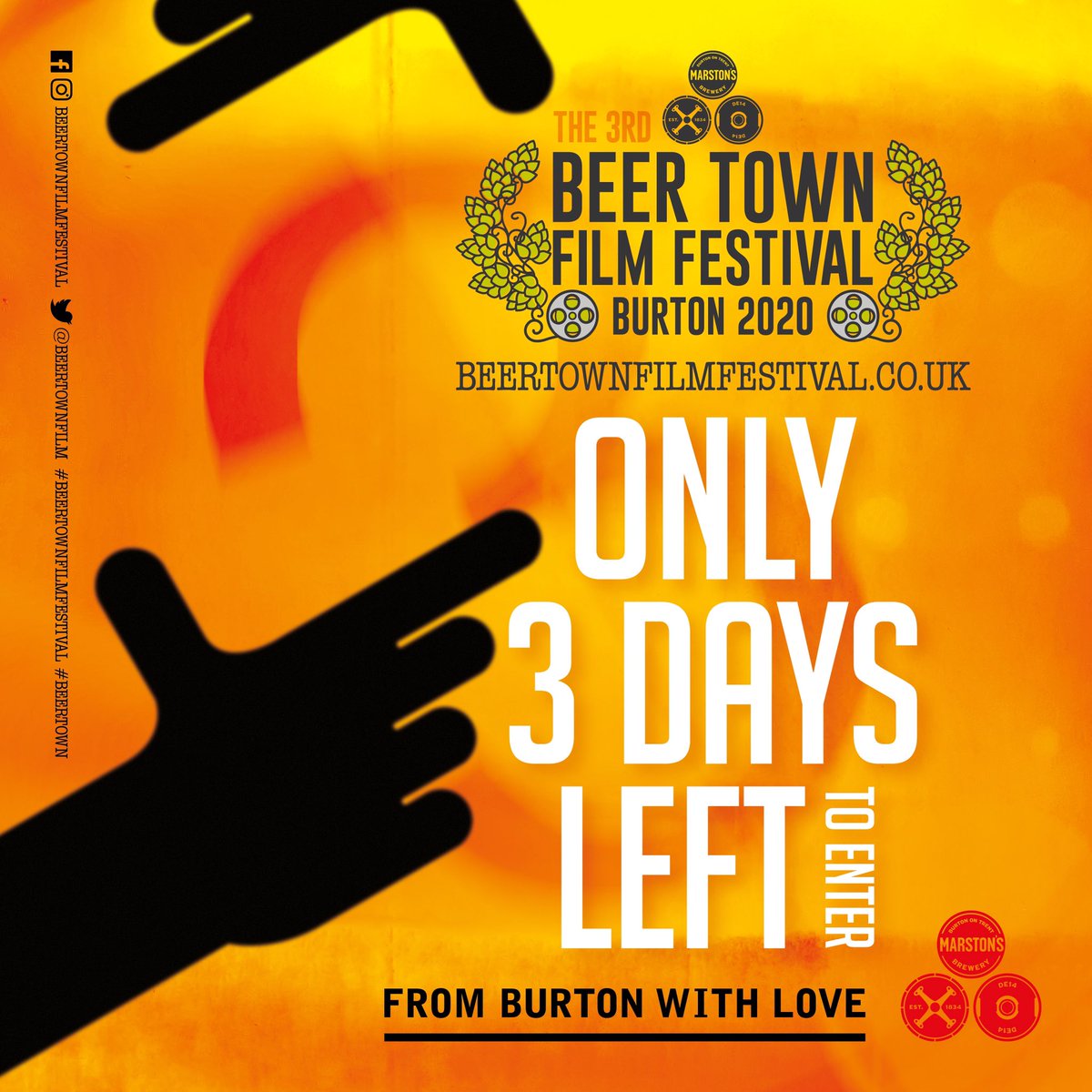 ONLY 3 DAYS LEFT TO SUBMIT YOUR FILM!

The last call to get your submissions in for this years Beer Town Film Festival is here! Entries close midnight 30th June.

Enter now: filmfreeway.com/beertownfilmfe…

#beertown #filmfestival #burton  #burtonupontrent #filmmaking #filmmakers #talent