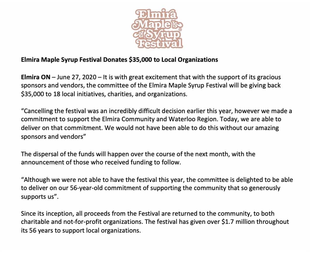 We are thrilled to annouce that the Elmira Maple Syruo Festival will be giving back $35,000 to local organizations. #thankyou to our incredible sponsors and vendors for making this possible.  #emsf2020