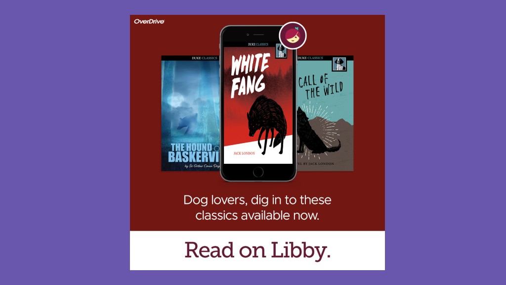a graphic with three smartphones showing book covers that feature dogs