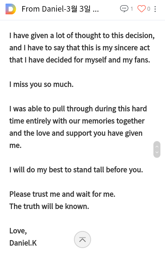 On March 3, the K-pop scene was shaken by news that KANG DANIEL was in a legal dispute with his agency LM. Fans were worried because going against companies in K-pop most of the time doesn’t end well. Daniel posted on Fancafe both in korean and english.